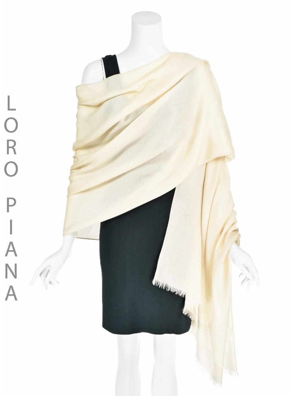 LORO PIANA Lightweight Ivory Cashmere Twill Shawl with Delicate Fringe, 32x82in